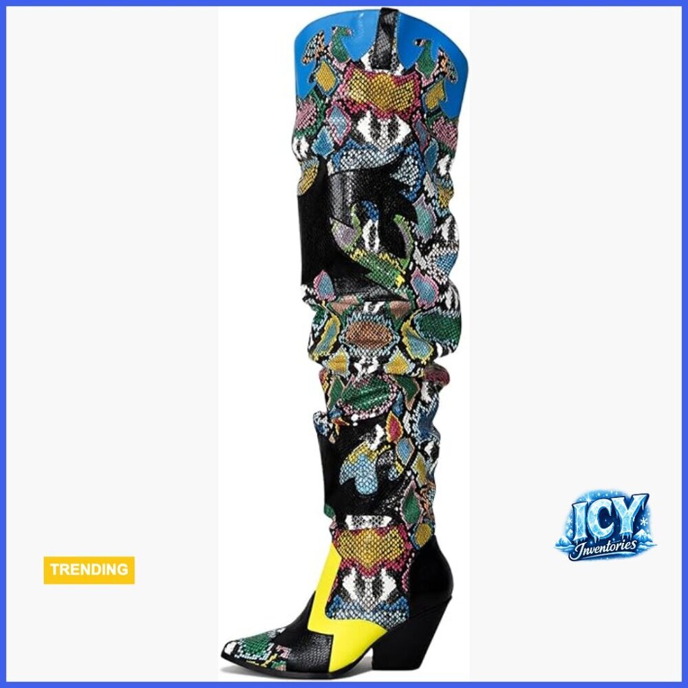 Faux Leather Thigh High Cowboy Boots with Chunky Heel